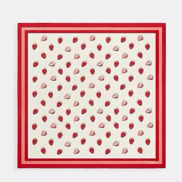 NWT Coach Retro Strawberry Print Silk Square Scarf Chalk/Red CAP58 - Picture 1 of 5